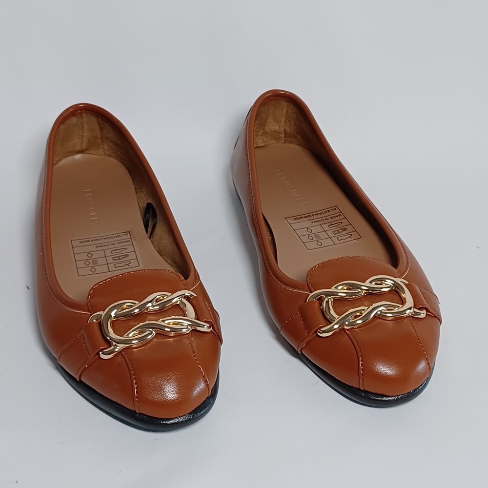 Aerosoles Bia Ballet Flat Women 7.5 Brown Leather Gold Chain Link Loafer Slip On